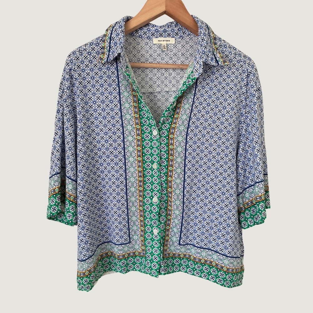 Max Studio Women Blue Green Geometric Tile Print Button Down Vacation Blouse S